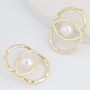 Gold Plated Hammered Pearl Eye Drop Earrin…